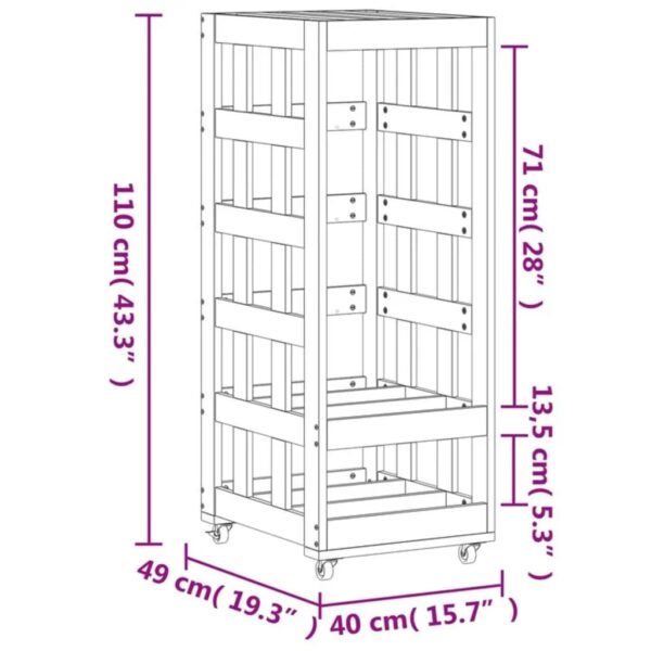 vidaXL Log Holder with Wheels White 15.7"x19.3"x43.3" Solid Wood Pine - Image 9