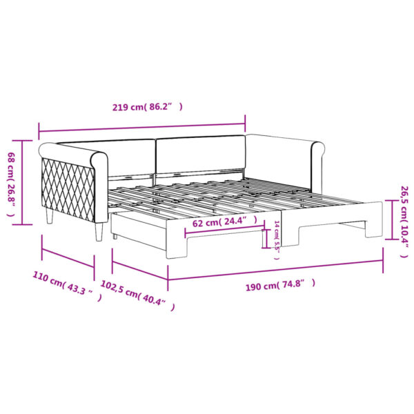 vidaXL Daybed with Trundle Light Gray 39.4"x74.8" Velvet - Image 9