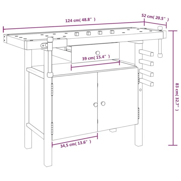 vidaXL Workbench with Drawer and Vices 48.8"x20.5"x32.7" Solid Wood Acacia - Image 10