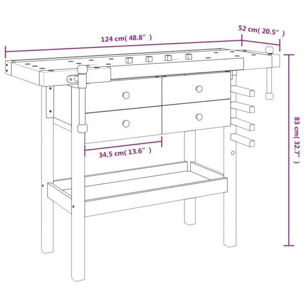 vidaXL Workbench with Drawers and Vices 48.8"x20.5"x32.7" Solid Wood Acacia - Image 10