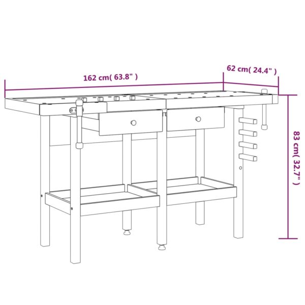 vidaXL Workbench with Drawers and Vices 63.8"x24.4"x32.7" Solid Wood Acacia - Image 10