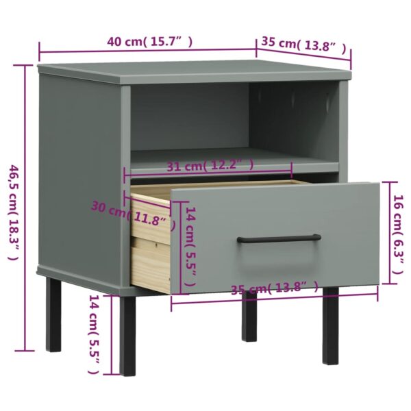 vidaXL Bedside Cabinet with Metal Legs Gray Solid Wood Pine OSLO - Image 8