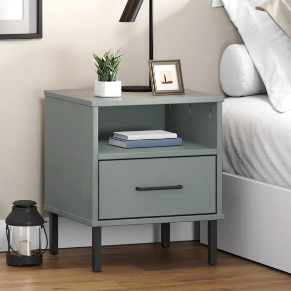 vidaXL Bedside Cabinet with Metal Legs Gray Solid Wood Pine OSLO