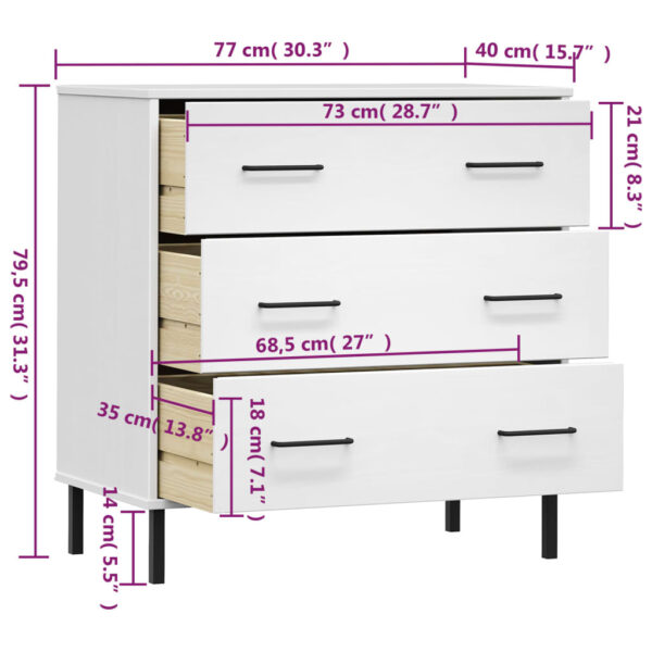 vidaXL Sideboard with 3 Drawers White 30.3"x15.7"x31.3" Solid Wood OSLO - Image 8