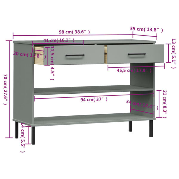 vidaXL Console Cabinet with Metal Legs Gray Solid Wood Pine OSLO - Image 8