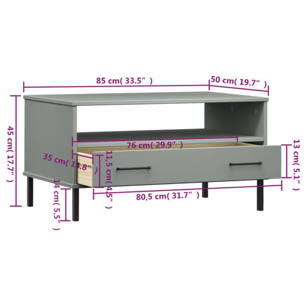 vidaXL Coffee Table with Metal Legs Gray 33.5"x19.7"x17.7" Solid Wood OSLO - Image 8