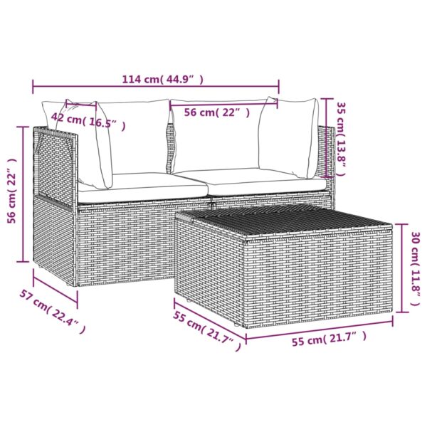 vidaXL 3 Piece Patio Lounge Set with Cushions Gray Poly Rattan - Image 12