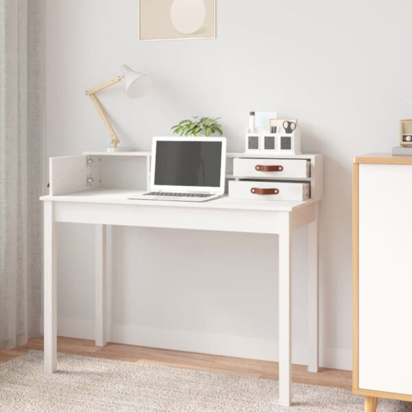 vidaXL Desk White 43.3"x19.7"x36.6" Solid Wood Pine - Image 3