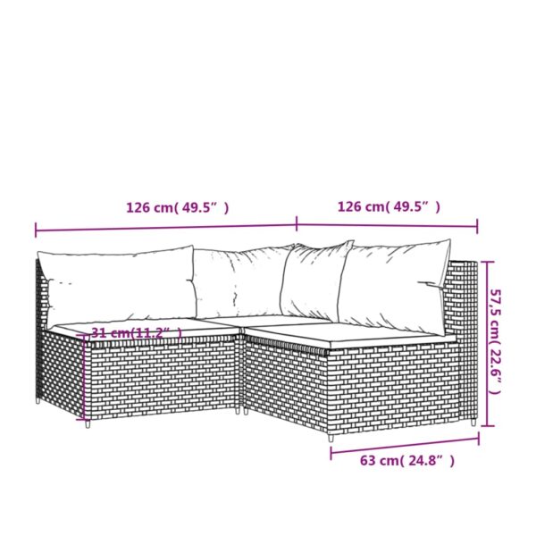 vidaXL 3 Piece Patio Lounge Set with Cushions Gray Poly Rattan - Image 9