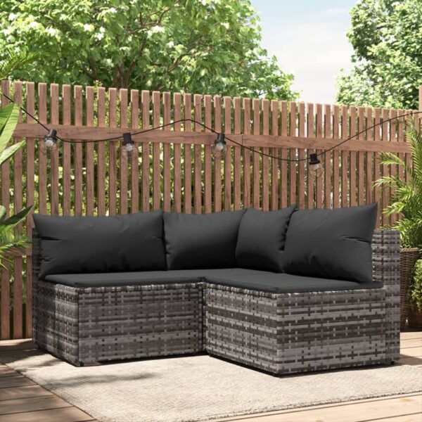 vidaXL 3 Piece Patio Lounge Set with Cushions Gray Poly Rattan