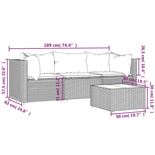 vidaXL 4 Piece Patio Lounge Set with Cushions Gray Poly Rattan - Image 11