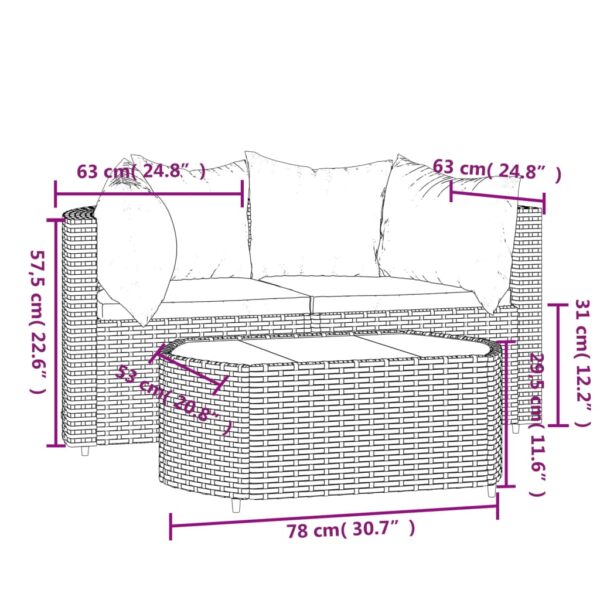 vidaXL 3 Piece Patio Lounge Set with Cushions Gray Poly Rattan - Image 11