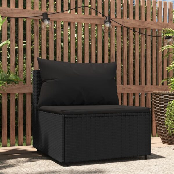 vidaXL Patio Middle Sofa with Cushions Black Poly Rattan