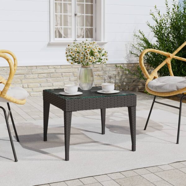 vidaXL Side Table Black 19.7"x19.7"x15" Poly Rattan and Tempered Glass