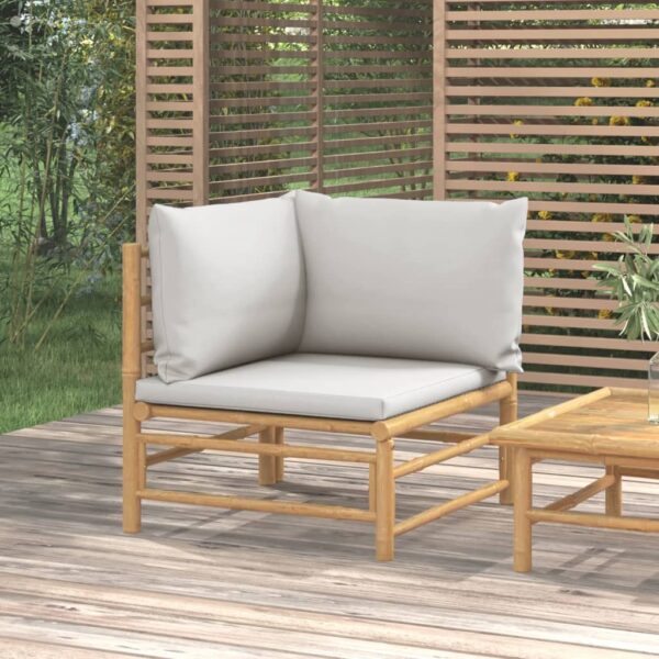 vidaXL Patio Corner Sofa with Light Gray Cushions Bamboo