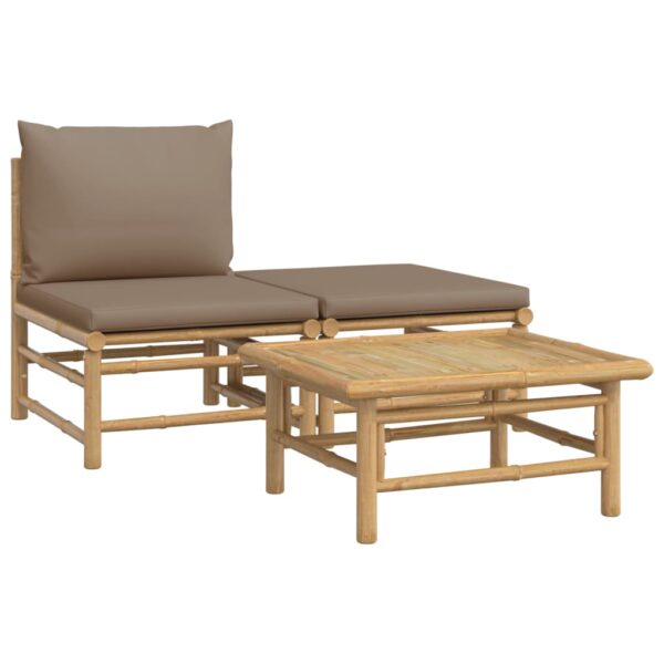 vidaXL 3 Piece Patio Lounge Set with Taupe Cushions Bamboo - Image 2