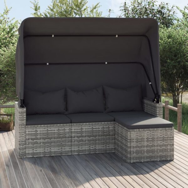 vidaXL 3-Seater Patio Sofa with Roof and Footstool Gray Poly Rattan