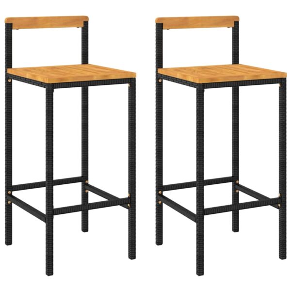 vidaXL Bar Stools 2 pcs Black Poly Rattan and Solid Wood Acacia - Image 2