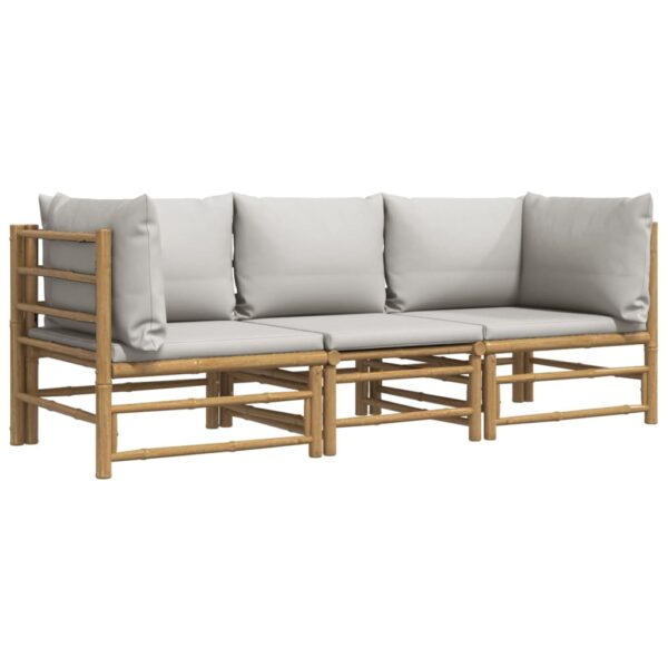 vidaXL 3 Piece Patio Lounge Set with Light Gray Cushions Bamboo - Image 3