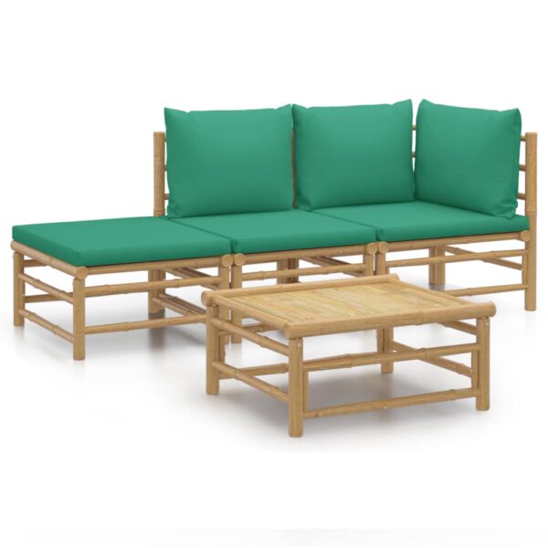 vidaXL 4 Piece Patio Lounge Set with Green Cushions Bamboo - Image 2