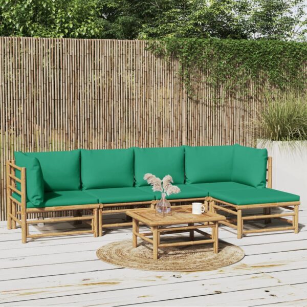 vidaXL 6 Piece Patio Lounge Set with Green Cushions Bamboo