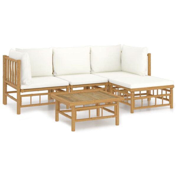 vidaXL 5 Piece Patio Lounge Set with Cream White Cushions Bamboo - Image 2