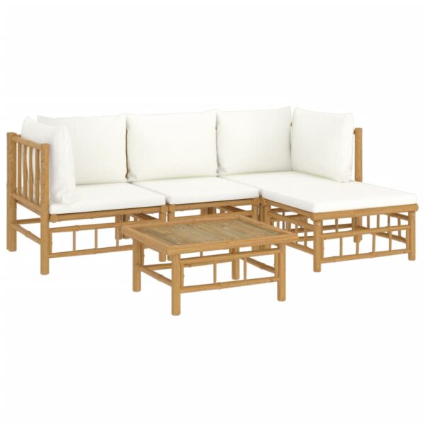 vidaXL 5 Piece Patio Lounge Set with Cream White Cushions Bamboo - Image 3