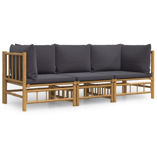 vidaXL 3 Piece Patio Lounge Set with Dark Gray Cushions Bamboo - Image 2