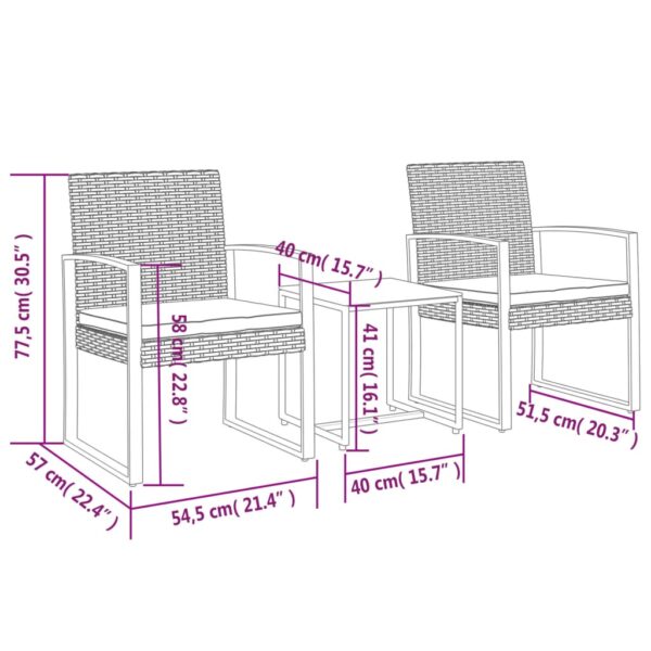 vidaXL 3 piece Patio Dining Set with Cushions Black PP Rattan - Image 7