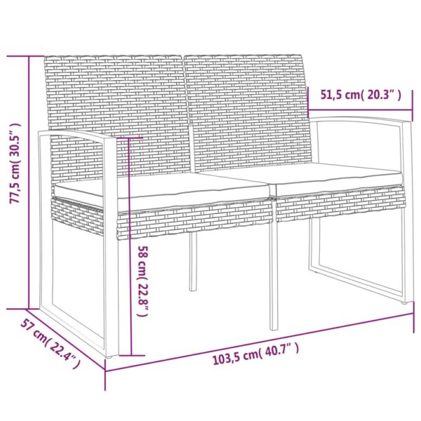 vidaXL 2-Seater Patio Bench with Cushions Black PP Rattan - Image 7