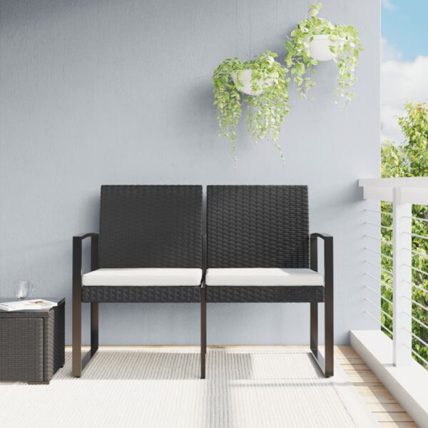 vidaXL 2-Seater Patio Bench with Cushions Black PP Rattan