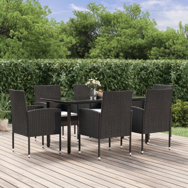 vidaXL 7 Piece Patio Dining Set with Cushions Black Poly Rattan