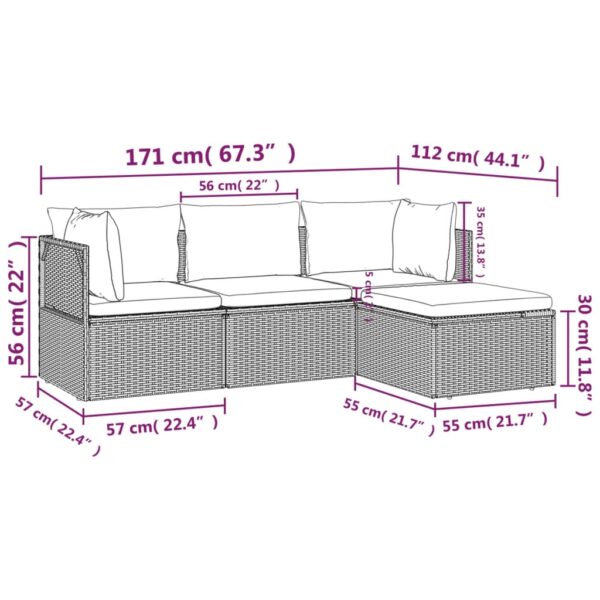 vidaXL 4 Piece Patio Lounge Set with Cushions Gray Poly Rattan - Image 11