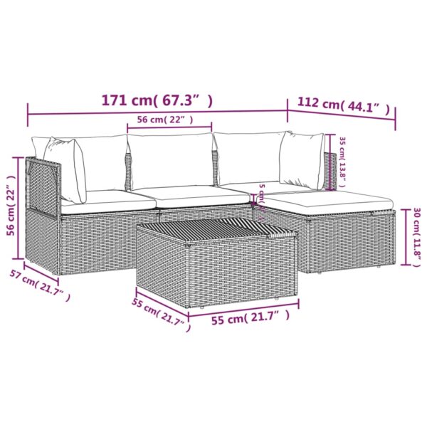 vidaXL 5 Piece Patio Lounge Set with Cushions Gray Poly Rattan - Image 11