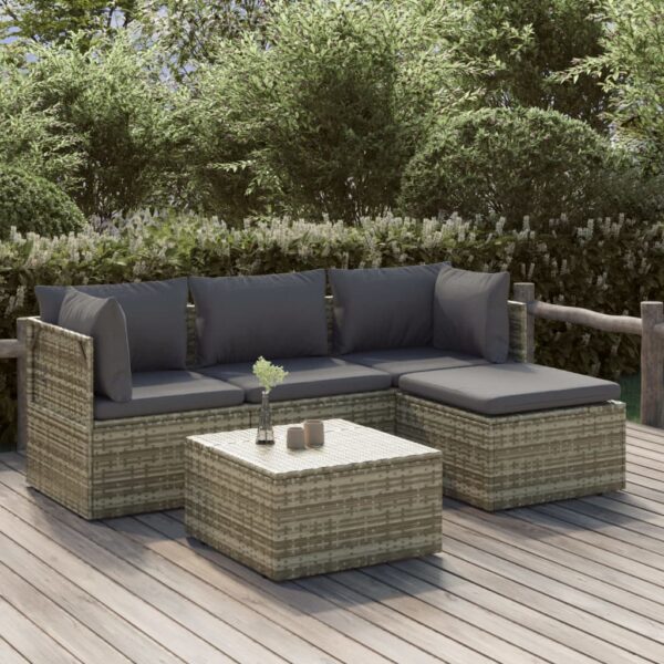 vidaXL 5 Piece Patio Lounge Set with Cushions Gray Poly Rattan