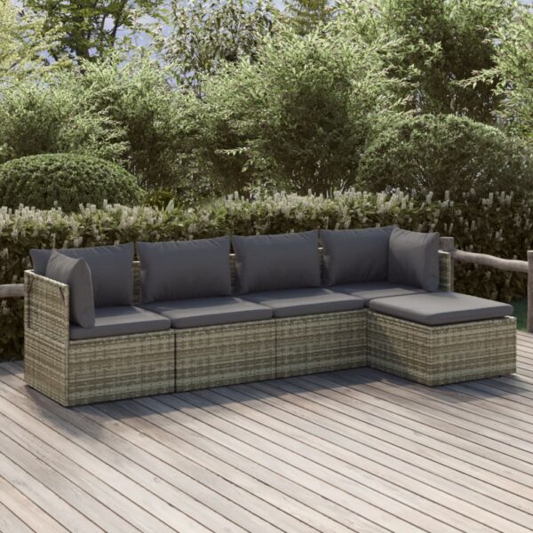 vidaXL 5 Piece Patio Lounge Set with Cushions Gray Poly Rattan