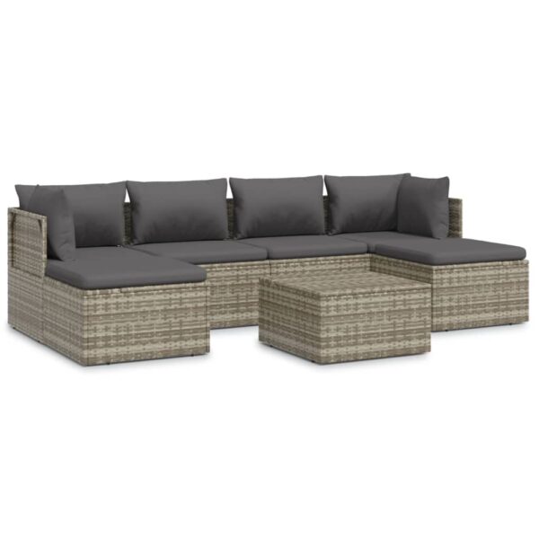 vidaXL 7 Piece Patio Lounge Set with Cushions Gray Poly Rattan - Image 2