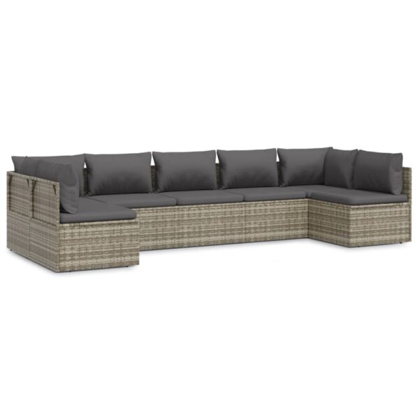 vidaXL 7 Piece Patio Lounge Set with Cushions Gray Poly Rattan - Image 2