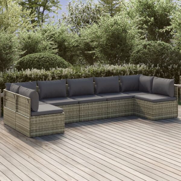 vidaXL 7 Piece Patio Lounge Set with Cushions Gray Poly Rattan