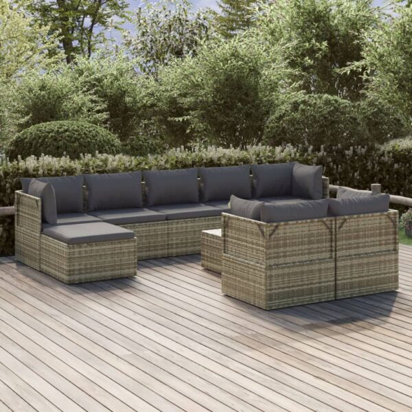 vidaXL 10 Piece Patio Lounge Set with Cushions Gray Poly Rattan