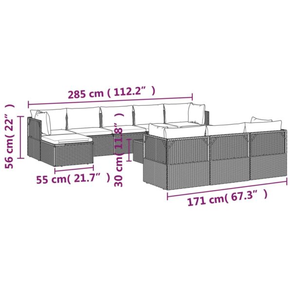 vidaXL 11 Piece Patio Lounge Set with Cushions Gray Poly Rattan - Image 10