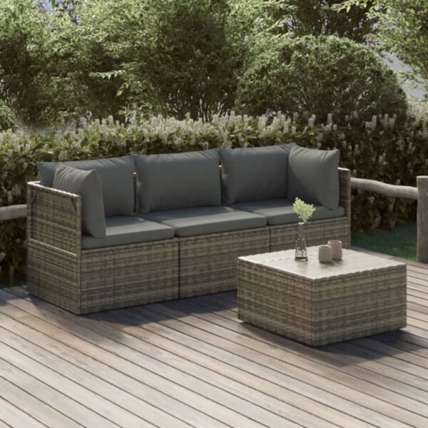 vidaXL 4 Piece Patio Lounge Set with Cushions Gray Poly Rattan