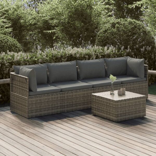 vidaXL 5 Piece Patio Lounge Set with Cushions Gray Poly Rattan