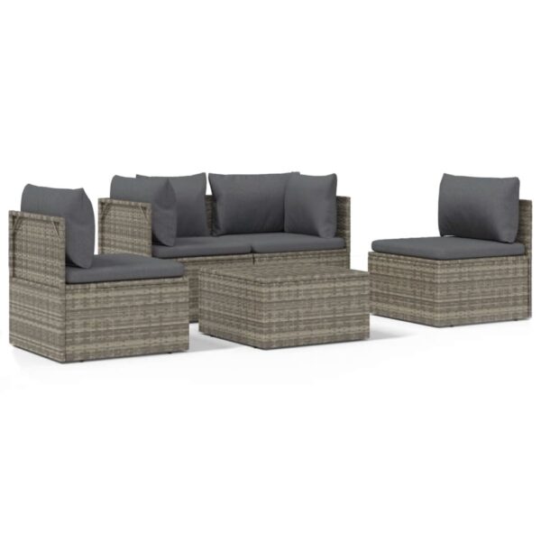 vidaXL 5 Piece Patio Lounge Set with Cushions Gray Poly Rattan - Image 2