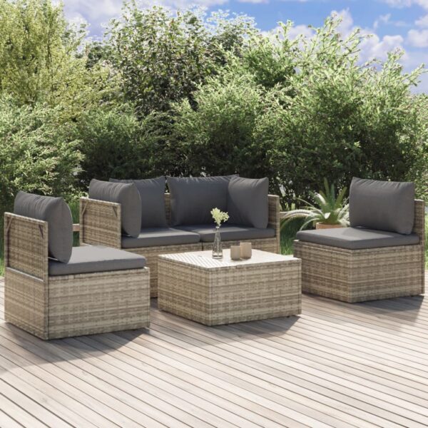 vidaXL 5 Piece Patio Lounge Set with Cushions Gray Poly Rattan