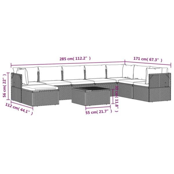 vidaXL 9 Piece Patio Lounge Set with Cushions Gray Poly Rattan - Image 10