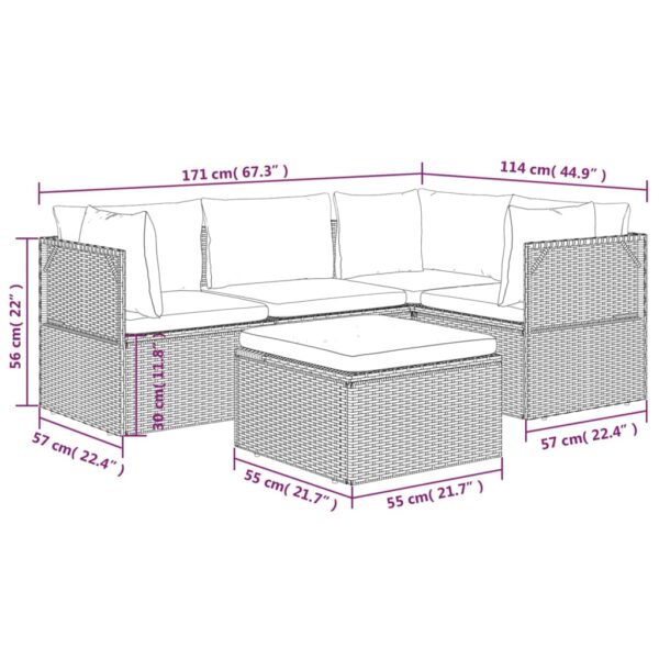 vidaXL 5 Piece Patio Lounge Set with Cushions Gray Poly Rattan - Image 10