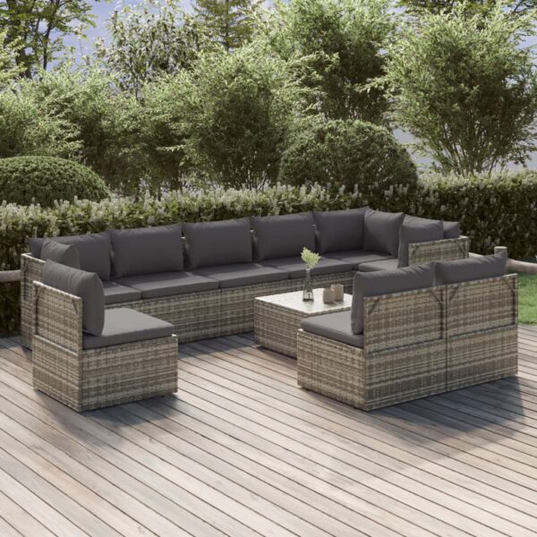 vidaXL 10 Piece Patio Lounge Set with Cushions Gray Poly Rattan