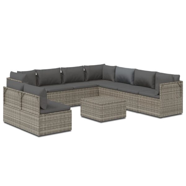 vidaXL 10 Piece Patio Lounge Set with Cushions Gray Poly Rattan - Image 2