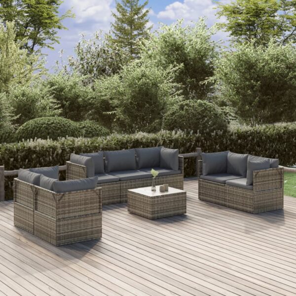 vidaXL 8 Piece Patio Lounge Set with Cushions Gray Poly Rattan